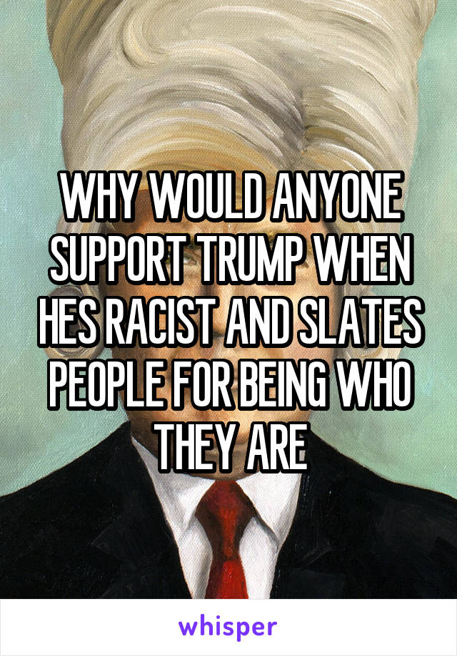 WHY WOULD ANYONE SUPPORT TRUMP WHEN HES RACIST AND SLATES PEOPLE FOR BEING WHO THEY ARE