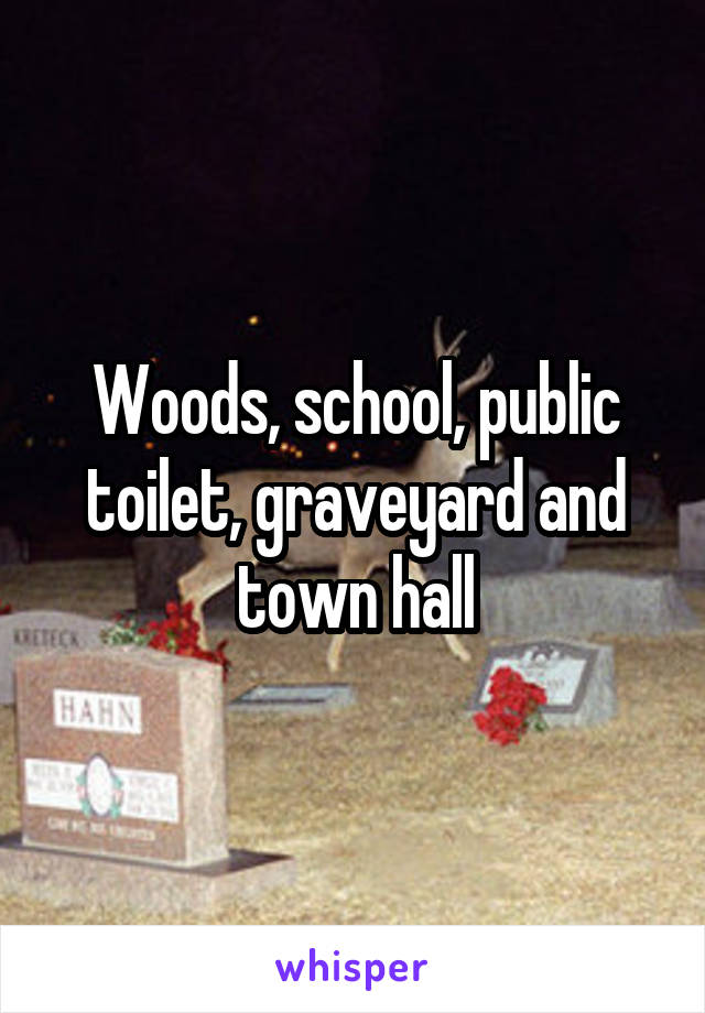 Woods, school, public toilet, graveyard and town hall