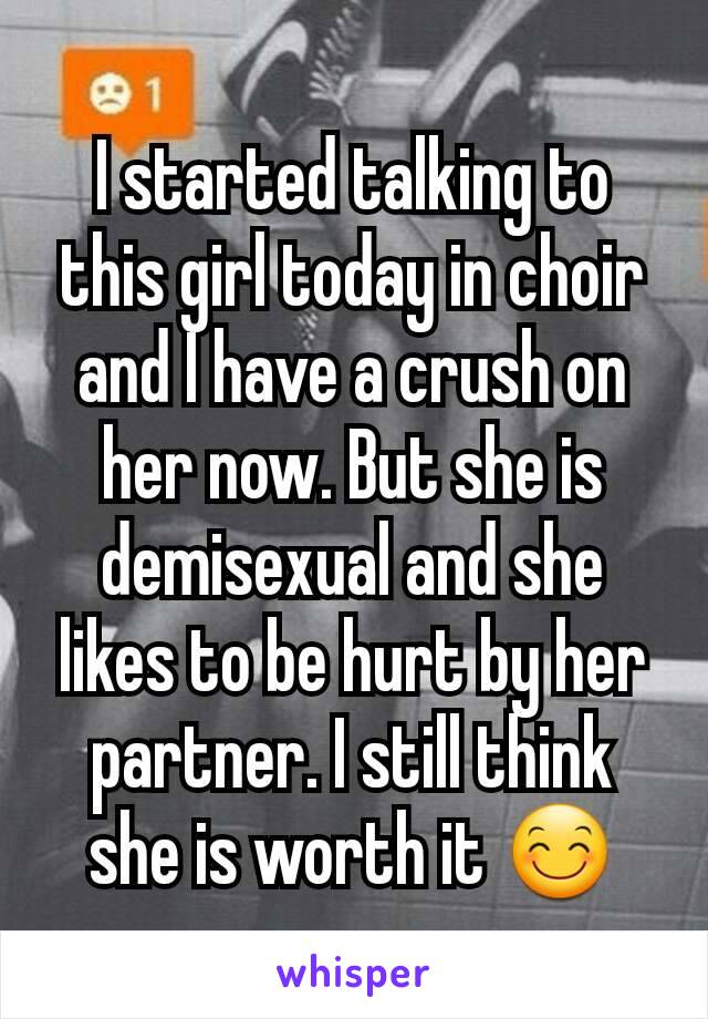 I started talking to this girl today in choir and I have a crush on her now. But she is demisexual and she likes to be hurt by her partner. I still think she is worth it 😊