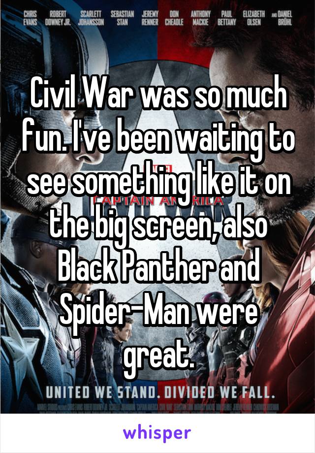 Civil War was so much fun. I've been waiting to see something like it on the big screen, also Black Panther and Spider-Man were great.