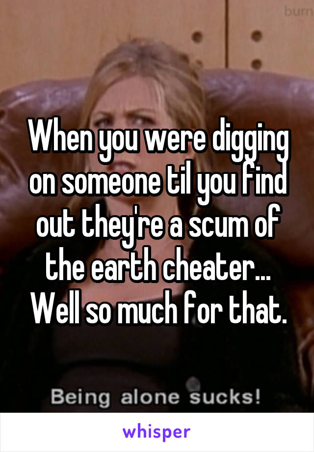 When you were digging on someone til you find out they're a scum of the earth cheater...
Well so much for that.