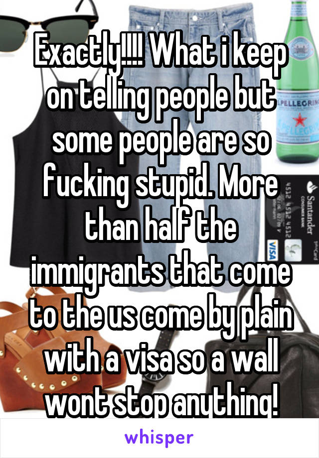 Exactly!!!! What i keep on telling people but some people are so fucking stupid. More than half the immigrants that come to the us come by plain with a visa so a wall wont stop anything!