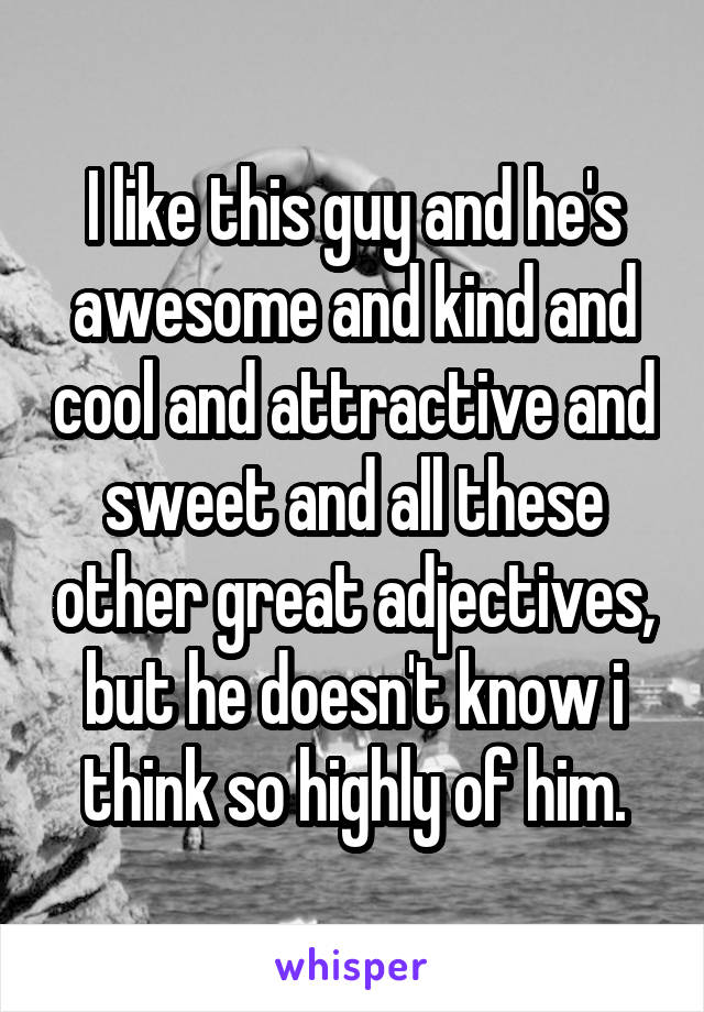 I like this guy and he's awesome and kind and cool and attractive and sweet and all these other great adjectives, but he doesn't know i think so highly of him.