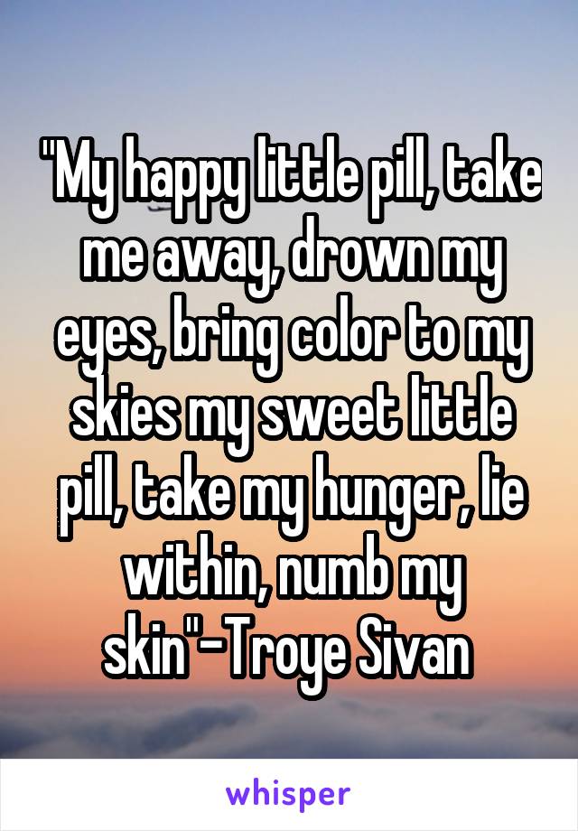 "My happy little pill, take me away, drown my eyes, bring color to my skies my sweet little pill, take my hunger, lie within, numb my skin"-Troye Sivan 