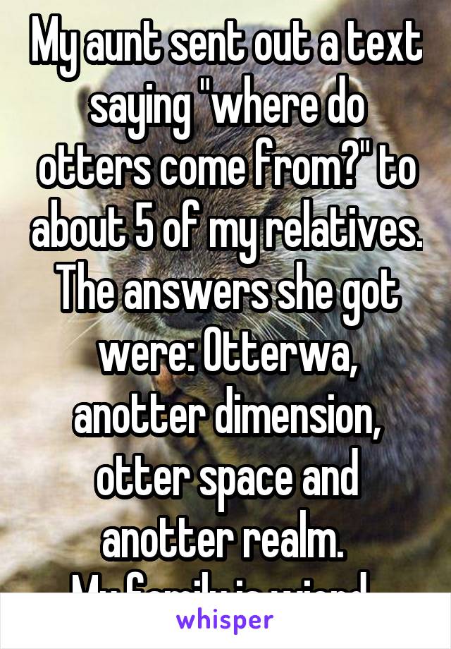 My aunt sent out a text saying "where do otters come from?" to about 5 of my relatives. The answers she got were: Otterwa, anotter dimension, otter space and anotter realm. 
My family is wierd. 