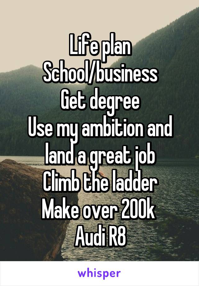 Life plan
School/business
Get degree
Use my ambition and land a great job
Climb the ladder
Make over 200k 
Audi R8