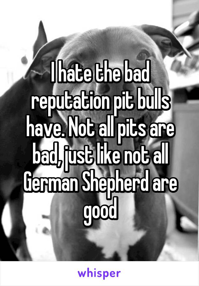 I hate the bad reputation pit bulls have. Not all pits are bad, just like not all German Shepherd are good