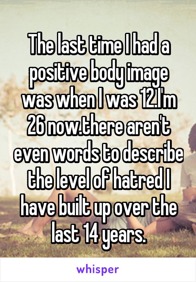 The last time I had a positive body image was when I was 12.I'm 26 now.there aren't even words to describe the level of hatred I have built up over the last 14 years.