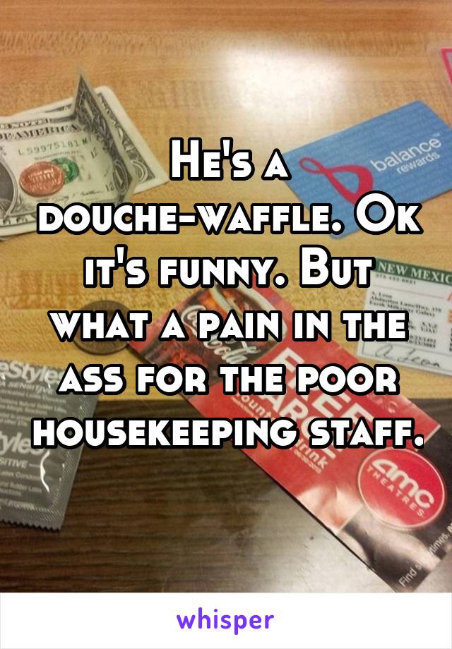 He's a douche-waffle. Ok it's funny. But what a pain in the ass for the poor housekeeping staff. 