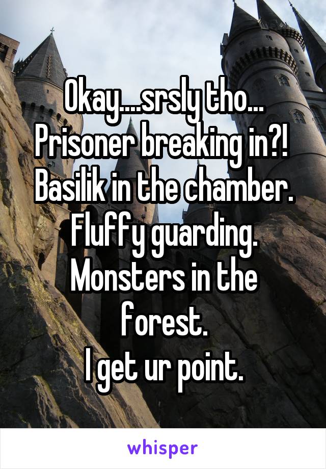 Okay....srsly tho...
Prisoner breaking in?! 
Basilik in the chamber.
Fluffy guarding.
Monsters in the forest.
I get ur point.