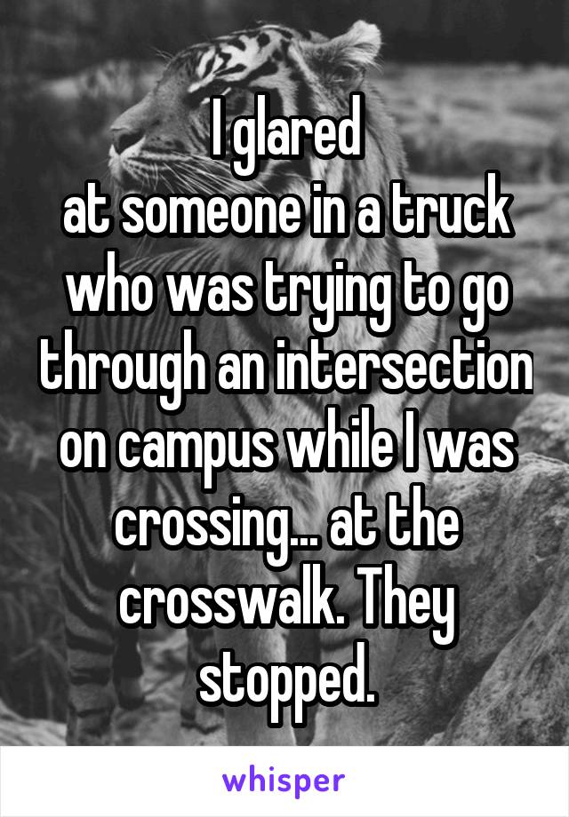 I glared
at someone in a truck who was trying to go through an intersection on campus while I was crossing... at the crosswalk. They stopped.