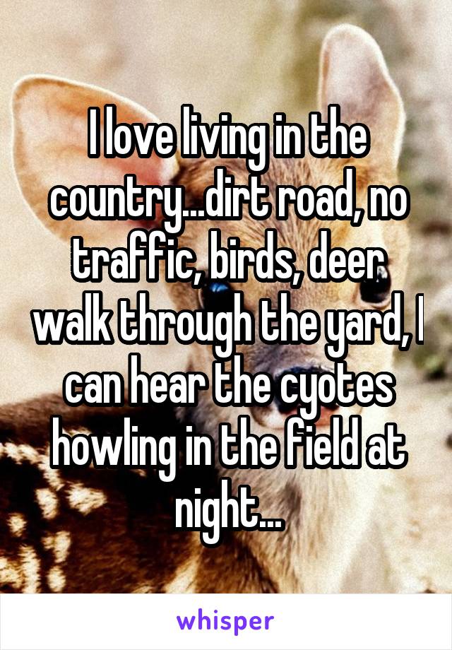 I love living in the country...dirt road, no traffic, birds, deer walk through the yard, I can hear the cyotes howling in the field at night...