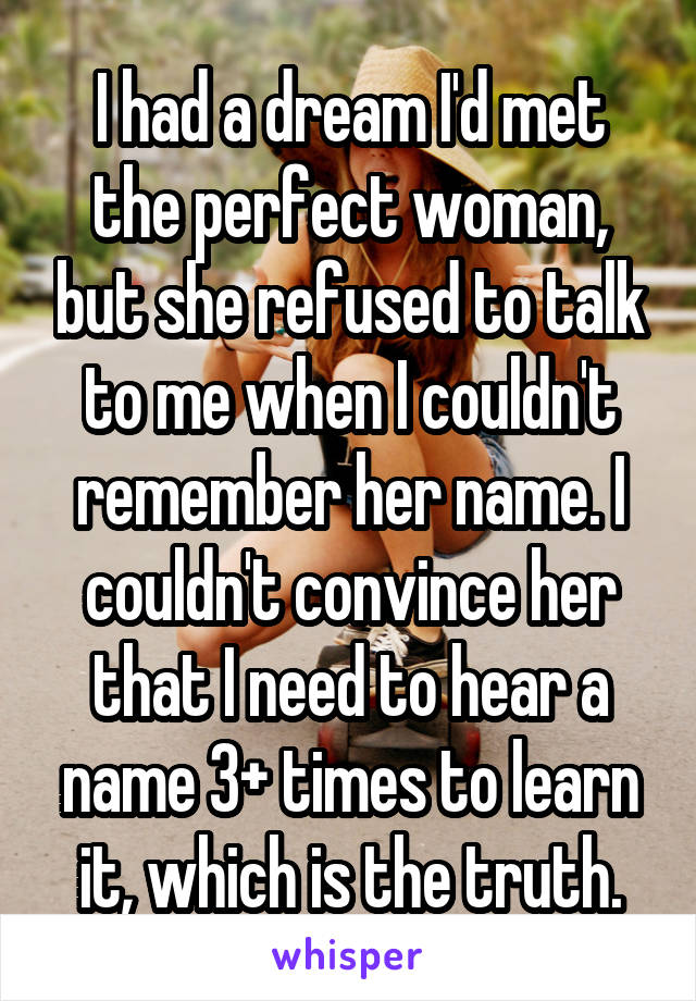 I had a dream I'd met the perfect woman, but she refused to talk to me when I couldn't remember her name. I couldn't convince her that I need to hear a name 3+ times to learn it, which is the truth.