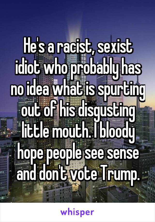 He's a racist, sexist idiot who probably has no idea what is spurting out of his disgusting little mouth. I bloody hope people see sense and don't vote Trump.