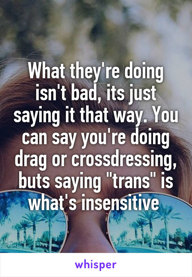 What they're doing isn't bad, its just saying it that way. You can say you're doing drag or crossdressing, buts saying "trans" is what's insensitive 