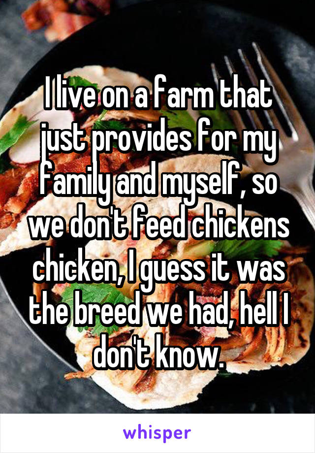 I live on a farm that just provides for my family and myself, so we don't feed chickens chicken, I guess it was the breed we had, hell I don't know.