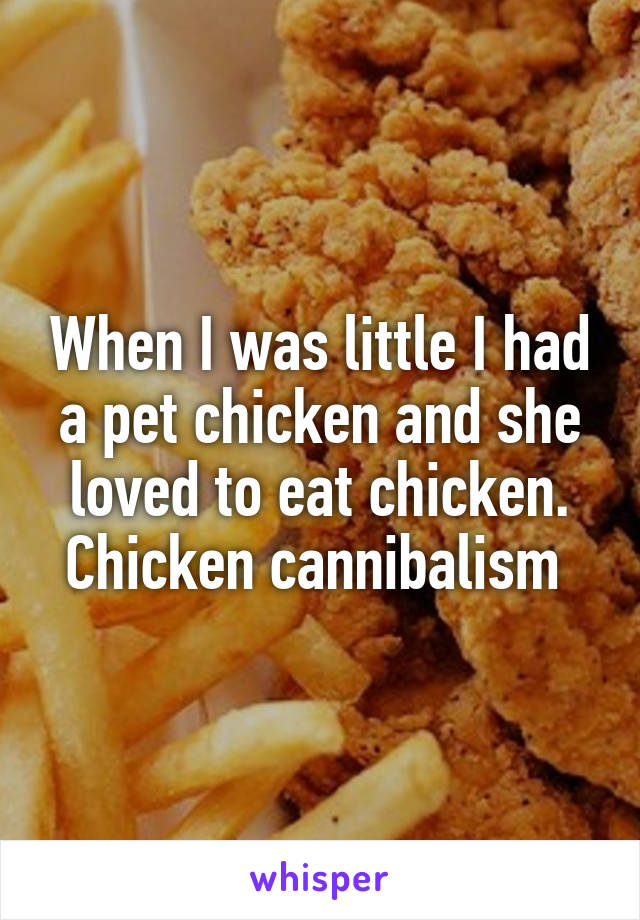 When I was little I had a pet chicken and she loved to eat chicken. Chicken cannibalism 