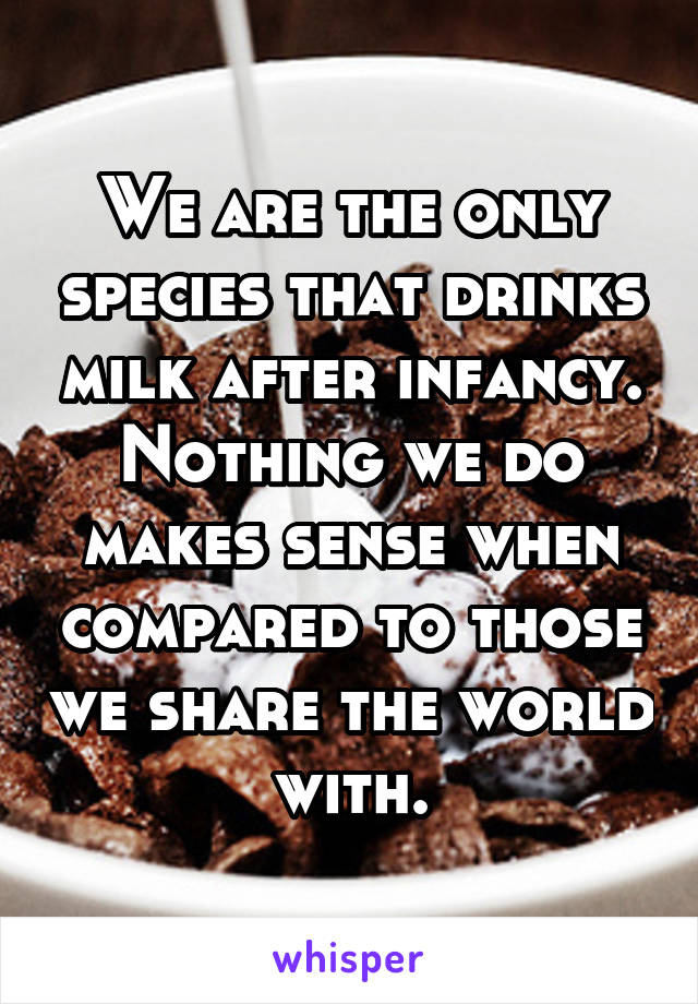 We are the only species that drinks milk after infancy. Nothing we do makes sense when compared to those we share the world with.