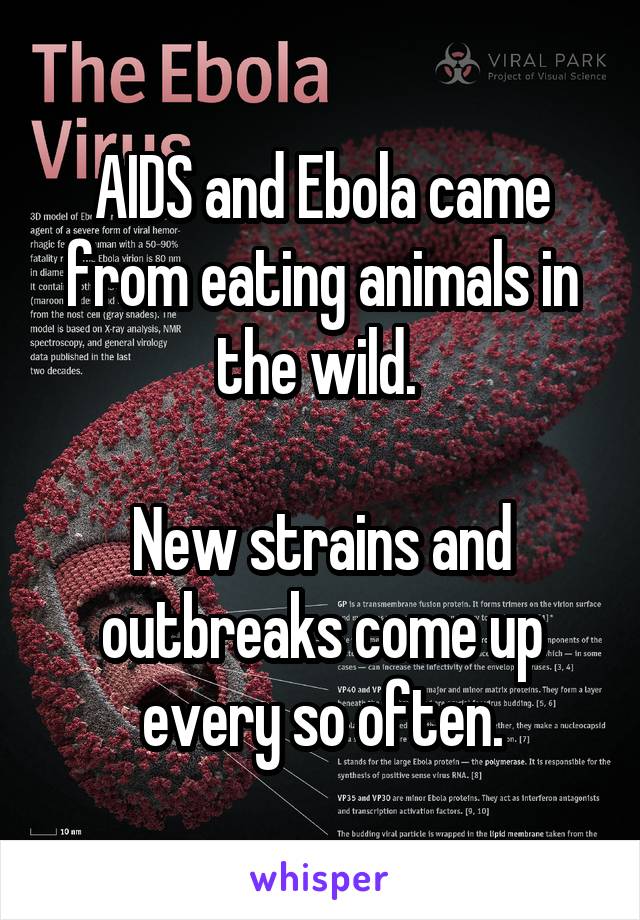 AIDS and Ebola came from eating animals in the wild. 

New strains and outbreaks come up every so often.