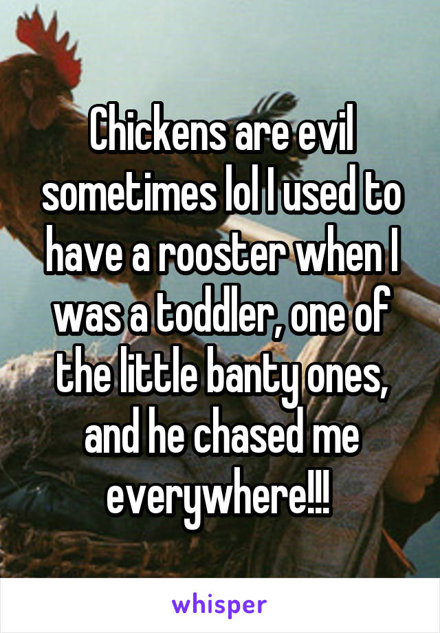 Chickens are evil sometimes lol I used to have a rooster when I was a toddler, one of the little banty ones, and he chased me everywhere!!! 