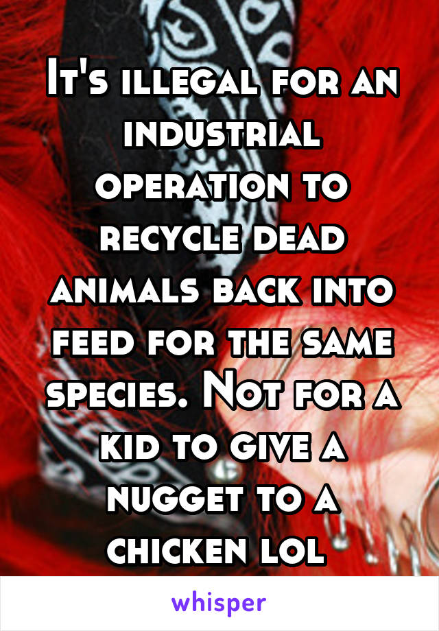 It's illegal for an industrial operation to recycle dead animals back into feed for the same species. Not for a kid to give a nugget to a chicken lol 