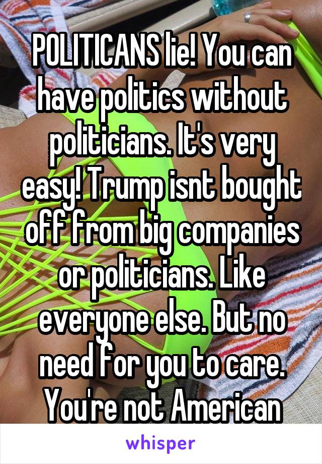 POLITICANS lie! You can have politics without politicians. It's very easy! Trump isnt bought off from big companies or politicians. Like everyone else. But no need for you to care. You're not American