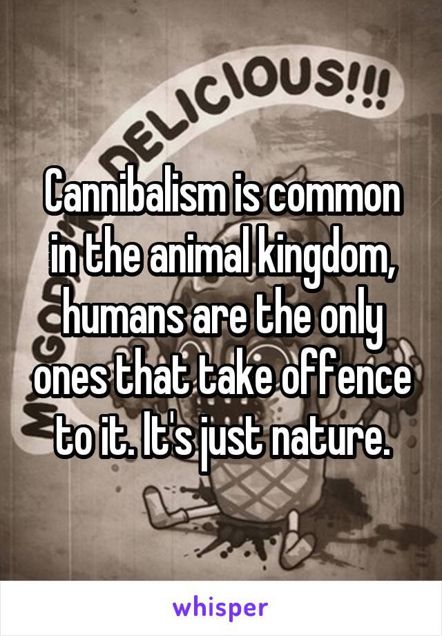 Cannibalism is common in the animal kingdom, humans are the only ones that take offence to it. It's just nature.