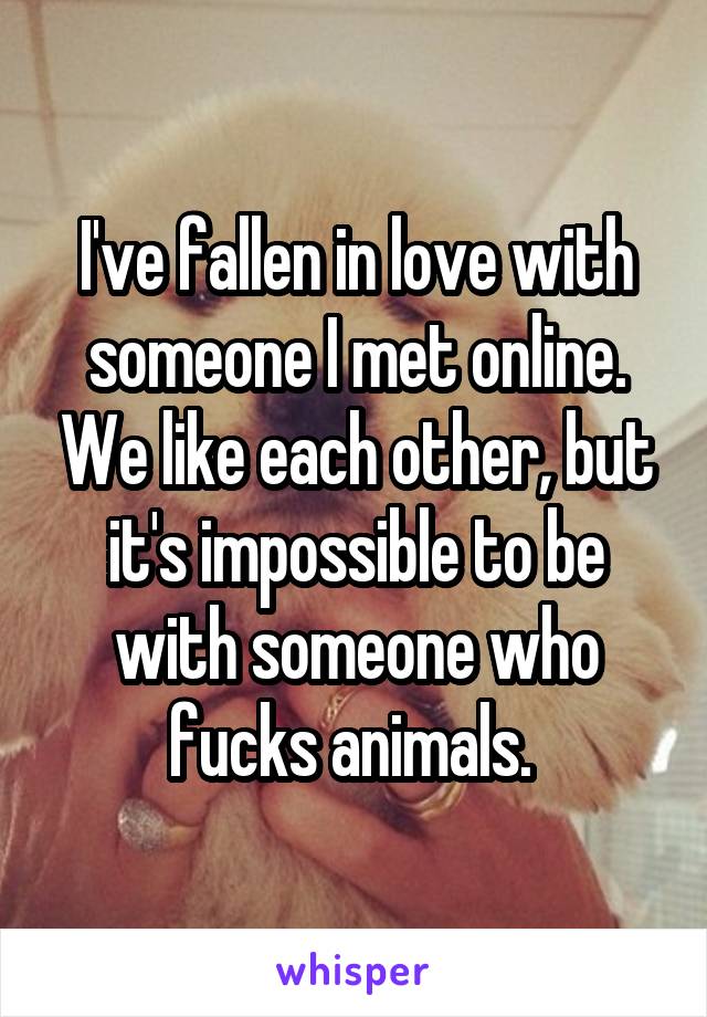 I've fallen in love with someone I met online. We like each other, but it's impossible to be with someone who fucks animals. 