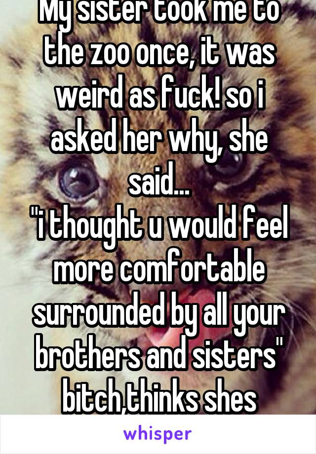 My sister took me to the zoo once, it was weird as fuck! so i asked her why, she said...
"i thought u would feel more comfortable surrounded by all your brothers and sisters"
bitch,thinks shes funny