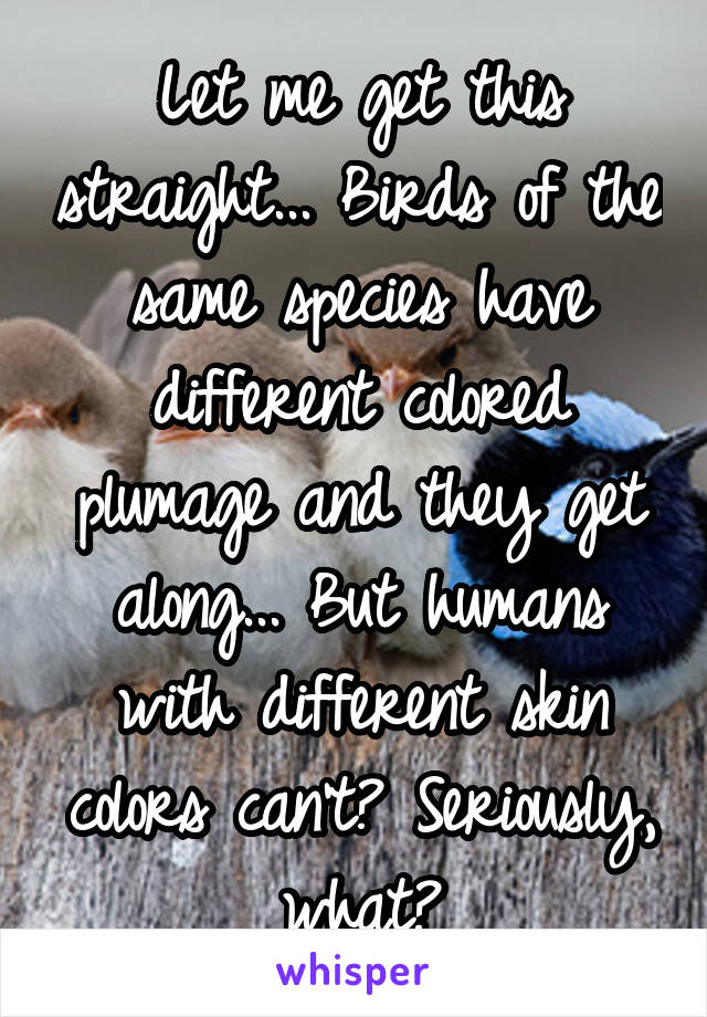 Let me get this straight... Birds of the same species have different colored plumage and they get along... But humans with different skin colors can't? Seriously, what?