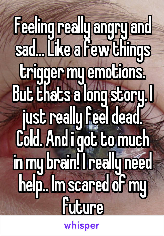 Feeling really angry and sad... Like a few things trigger my emotions. But thats a long story. I just really feel dead. Cold. And i got to much in my brain! I really need help.. Im scared of my future