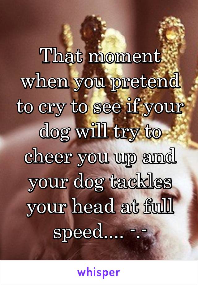 That moment when you pretend to cry to see if your dog will try to cheer you up and your dog tackles your head at full speed.... -.-