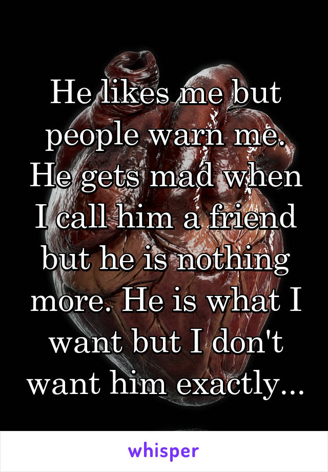 He likes me but people warn me. He gets mad when I call him a friend but he is nothing more. He is what I want but I don't want him exactly...