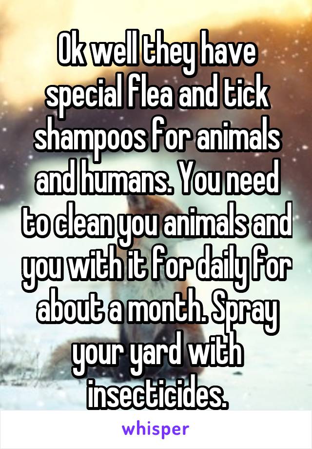 Ok well they have special flea and tick shampoos for animals and humans. You need to clean you animals and you with it for daily for about a month. Spray your yard with insecticides.