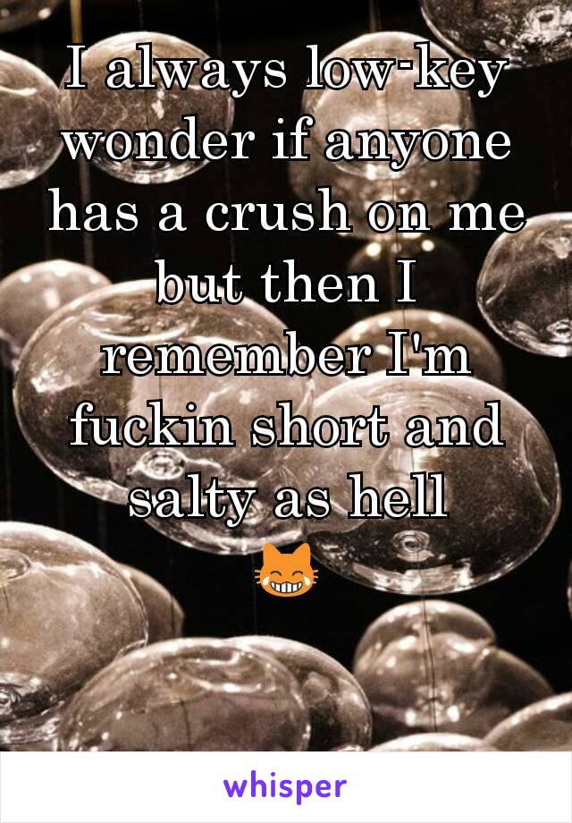 I always low-key wonder if anyone has a crush on me but then I remember I'm fuckin short and salty as hell
😹