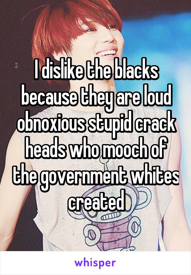 I dislike the blacks because they are loud obnoxious stupid crack heads who mooch of the government whites created