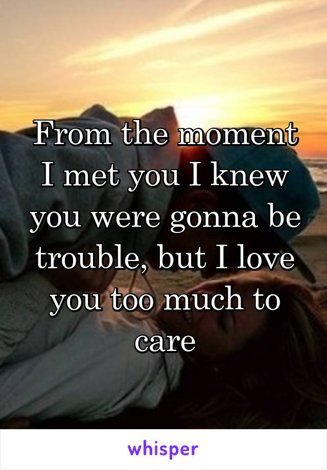 From the moment I met you I knew you were gonna be trouble, but I love you too much to care