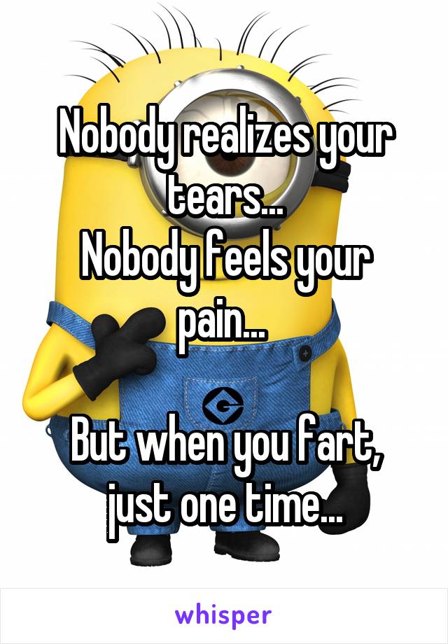 Nobody realizes your tears...
Nobody feels your pain... 

But when you fart, just one time...