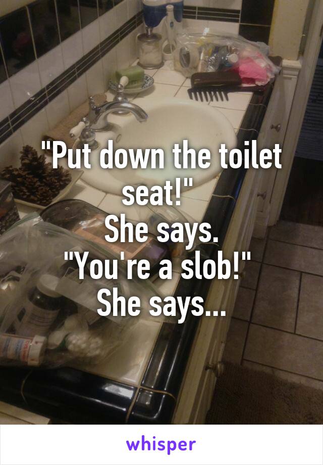 "Put down the toilet seat!" 
She says.
"You're a slob!" 
She says...