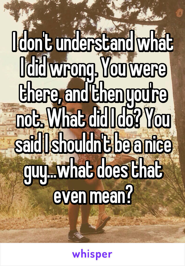 I don't understand what I did wrong. You were there, and then you're not. What did I do? You said I shouldn't be a nice guy...what does that even mean?
