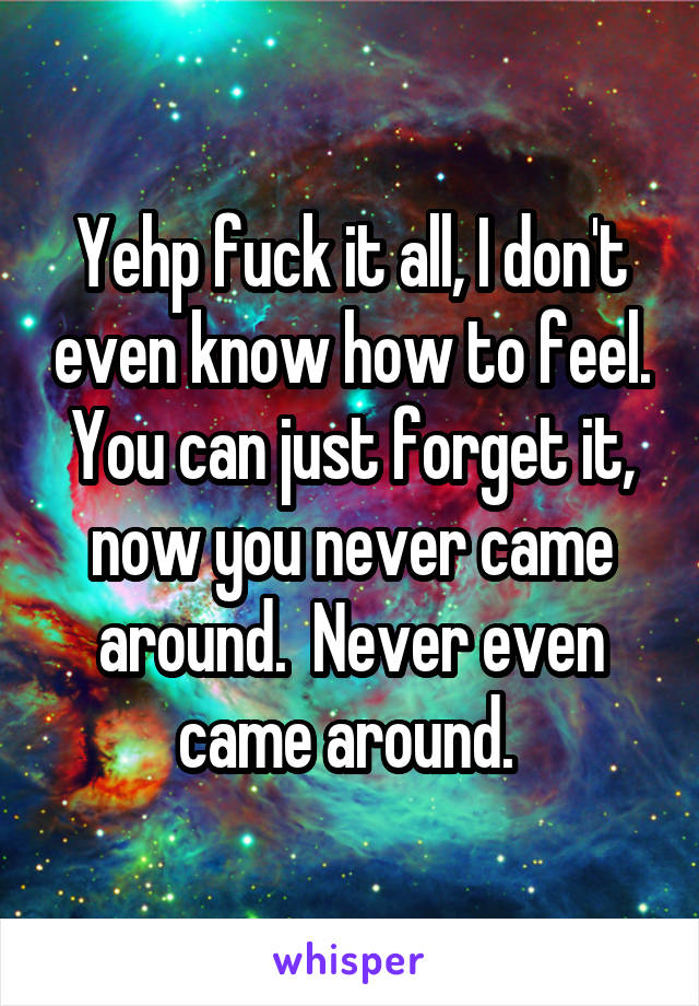 Yehp fuck it all, I don't even know how to feel. You can just forget it, now you never came around.  Never even came around. 