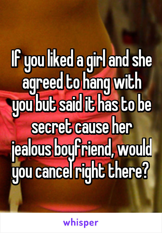 If you liked a girl and she agreed to hang with you but said it has to be secret cause her jealous boyfriend, would you cancel right there? 