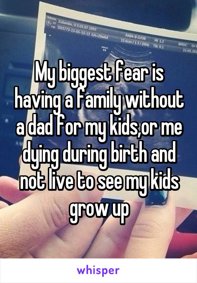 My biggest fear is having a family without a dad for my kids,or me dying during birth and not live to see my kids grow up