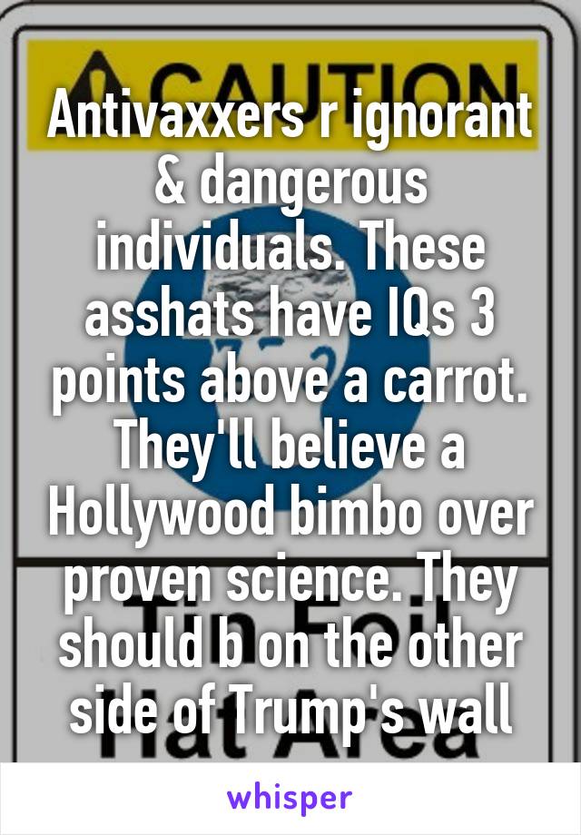 Antivaxxers r ignorant & dangerous individuals. These asshats have IQs 3 points above a carrot. They'll believe a Hollywood bimbo over proven science. They should b on the other side of Trump's wall