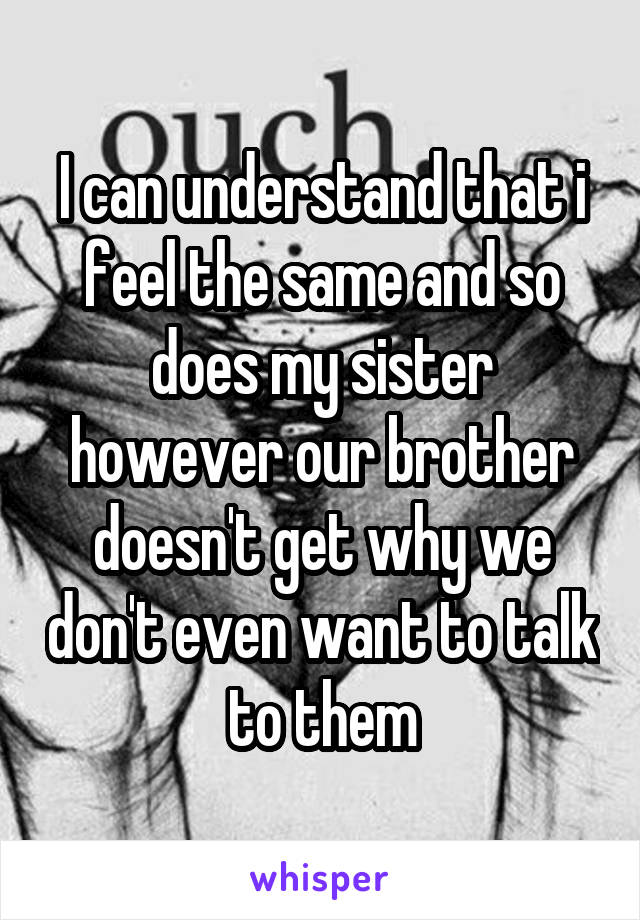 I can understand that i feel the same and so does my sister however our brother doesn't get why we don't even want to talk to them