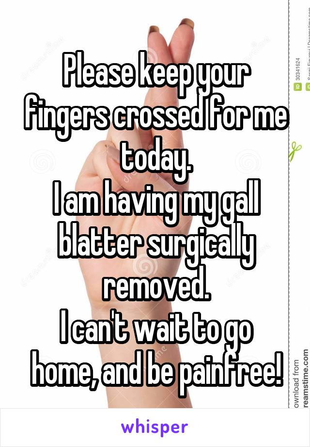 Please keep your fingers crossed for me today.
I am having my gall blatter surgically removed.
I can't wait to go home, and be painfree!