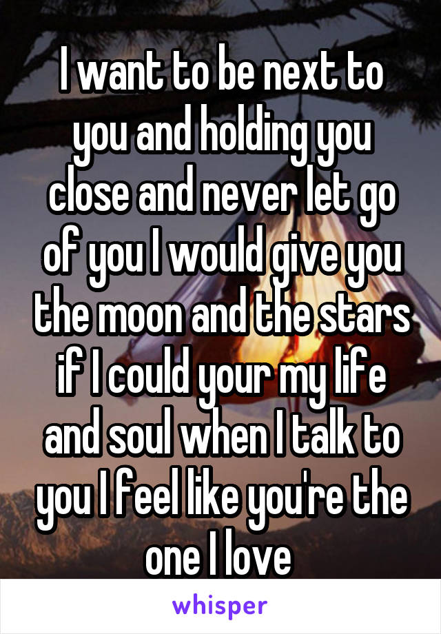 I want to be next to you and holding you close and never let go of you I would give you the moon and the stars if I could your my life and soul when I talk to you I feel like you're the one I love 