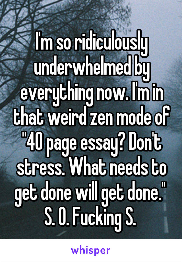 I'm so ridiculously underwhelmed by everything now. I'm in that weird zen mode of "40 page essay? Don't stress. What needs to get done will get done." 
S. O. Fucking S. 