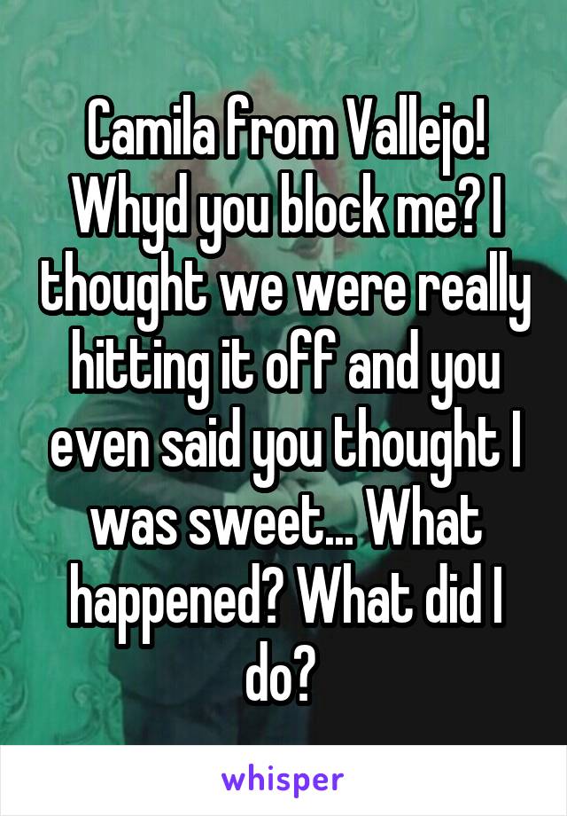 Camila from Vallejo! Whyd you block me? I thought we were really hitting it off and you even said you thought I was sweet... What happened? What did I do? 