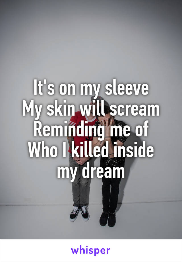 It's on my sleeve
My skin will scream
Reminding me of
Who I killed inside my dream